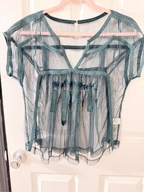 Sheer Teal Lace Trim V-Neck Top